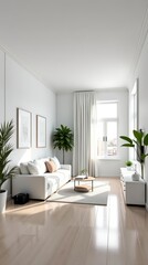 Fototapeta premium Bright and Airy Living Room with Contemporary Design and Green Plants