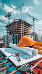Construction site with safety helmet, rolled plans, and cranes under a clear sky Vertical Mobile Wallpaper