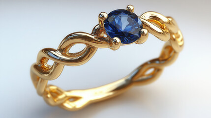 Elegant gold ring with sapphire gemstone, featuring unique twisted design. Perfect for special occasions or as gift