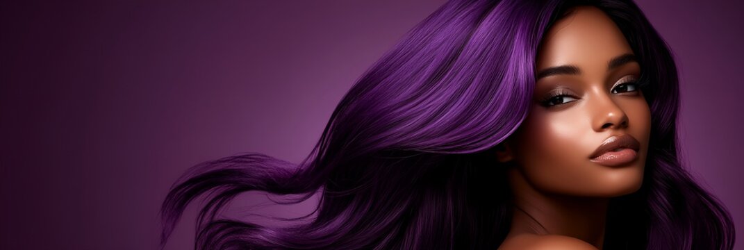 A woman with long purple hair is standing in front of a purple background. Concept of beauty and confidence, as the woman's long hair is styled and flowing