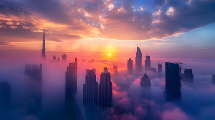 Fototapeta premium Dubai Skyline Sunrise Above the Clouds