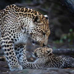 Majestic leopard grooming cub, showcasing affection in a dark natural setting For Social Media Post Size
