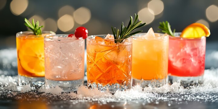 A row of five drinks with different colors and garnishes. The drinks are arranged in a row on a table with snow on the ground