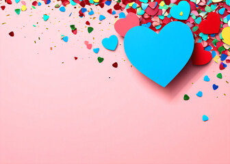 colorful illustration featuring little hearts, confetti, and a rose background invites customers to add their own message or advertising content.