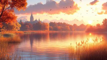 Fototapeta premium Golden autumn foliage reflects on serene lake at sunset, with vibrant trees and distant mountains creating picturesque landscape filled with warmth and tranquility