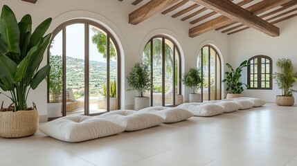 This meditation area features soft cushions arranged for comfort, surrounded by greenery and large...