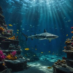 Obraz premium A rainbow-scaled shark gliding through glowing, enchanted underwater ruins.