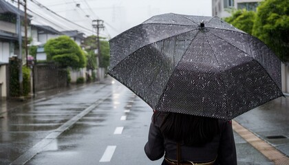 비 오는 거리에서 우산을 쓰고 혼자 걷는 사람의 뒷모습