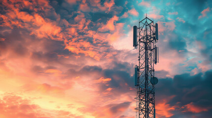 detailed perspective of cellular tower against vibrant sunset sky, showcasing intricate design of tower amidst colorful clouds. scene evokes sense of connectivity and technology