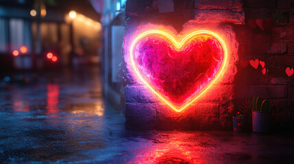 Colorful neon heart light glowing on a rainy night in a vibrant urban setting. Generative AI
