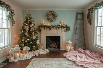 Elegant Christmas room with garlands, gold tree, lantern candles, plush pink blankets by fireplace, cozy holiday atmosphere