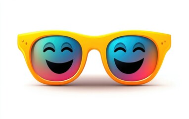 A fun and colorful clip art of sunglasses featuring a happy emoji face on the lenses, isolated on a white background. 