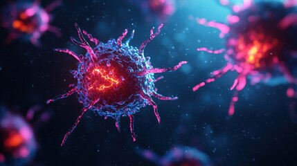 breast cancer cell and tumor concepts. Microscopic view of glowing virus cells