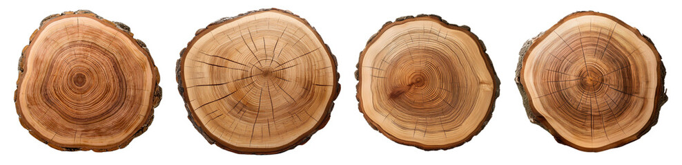 Fototapeta premium Four wooden tree slices with intricate growth rings, isolated on a white background.