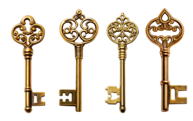 A set of ornate vintage keys with intricate designs on a white isolated background.