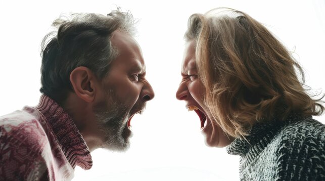 Mid aged couple arguing passionately in isolation during a tense evening at home together - Powered by Adobe