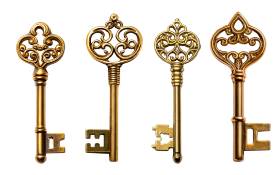 A set of ornate vintage keys with intricate designs on a white isolated background.