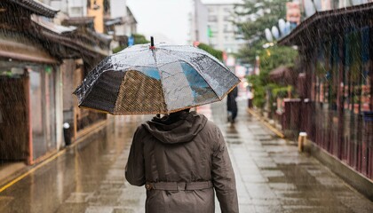 비 오는 거리에서 우산을 쓰고 혼자 걷는 사람의 뒷모습