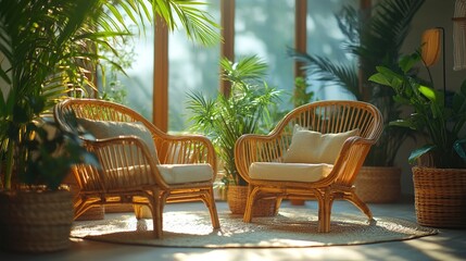A cozy seating area with rattan chairs surrounded by lush greenery and natural light.