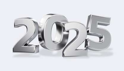 2025 silver numbers. 3D rendering. Happy new year banner design. New Year symbol.