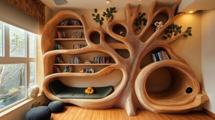 Wooden tree-shaped bookshelf with reading nook.