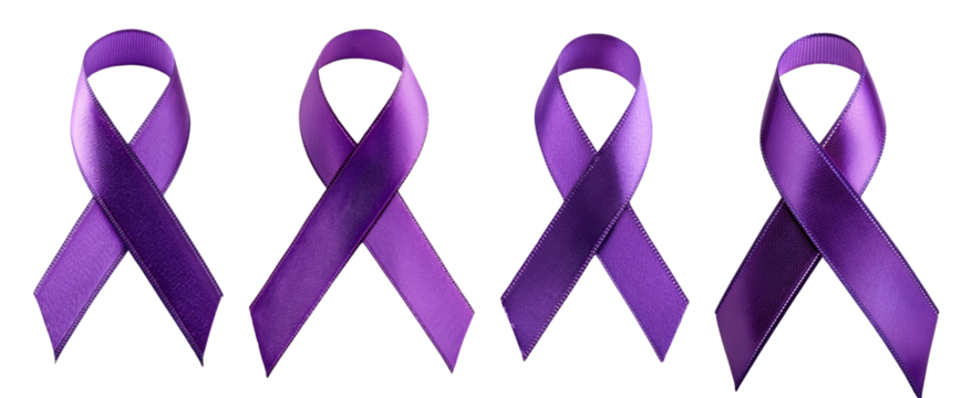 Collection of four purple awareness ribbons on a white isolated background.