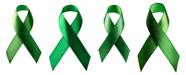 Set of four green awareness ribbons on a transparent background for social causes and health initiatives.