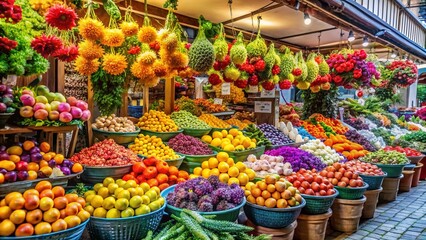 Vibrant Market Scene Overflowing with Colorful Fruits and Fresh Flowers, Capturing the Essence of Local Culture and Culinary Delights in a Lively Atmosphere