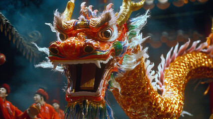 Obraz premium Chinese New Year Celebration: Welcoming the Lunar New Year with Dragon Dances, Red Envelopes, Lanterns, and Traditional Chinese Customs for Prosperity and Good Luck.