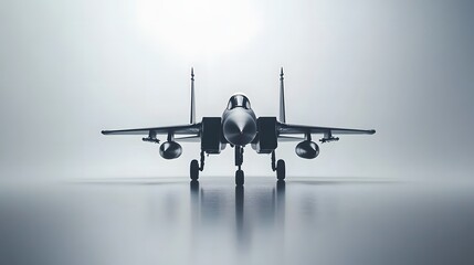 Fototapeta premium Futuristic Military Jet Front View in a Minimalistic Setting with Soft Lighting and Reflective Surface Enhancing the Aerodynamic Design and Technology Aspects