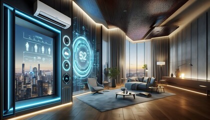 Smart Home Technology: Modern Living Room with Integrated Climate Control and Automation System.