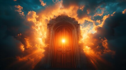 Fototapeta premium Illuminated doorway standing tall against a backdrop of dark swirling clouds,暗い渦巻く雲を背景にそびえ立つ照らされた扉,Generative AI