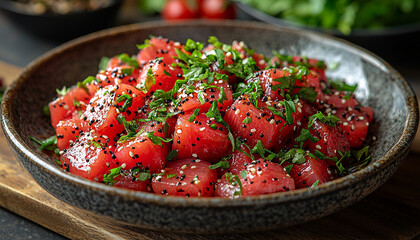 Healthy eating, organic fruit salad on rustic table generated by AI
