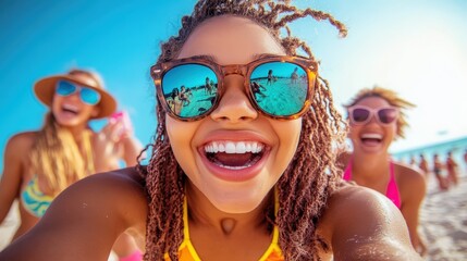 A smiling woman takes a selfie on the beach with her friends. The reflection in her sunglasses showcases the vibrant seaside atmosphere and clear blue waters.