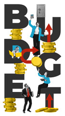 Budgeting and finance. Arrows, coins, professional tools, and businesspeople working on financial planning. Contemporary art. Concept of business, financial strategy and analytics. Vertical image