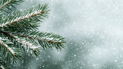 Winter's Embrace, A snow-dusted pine branch against a softly falling snow background