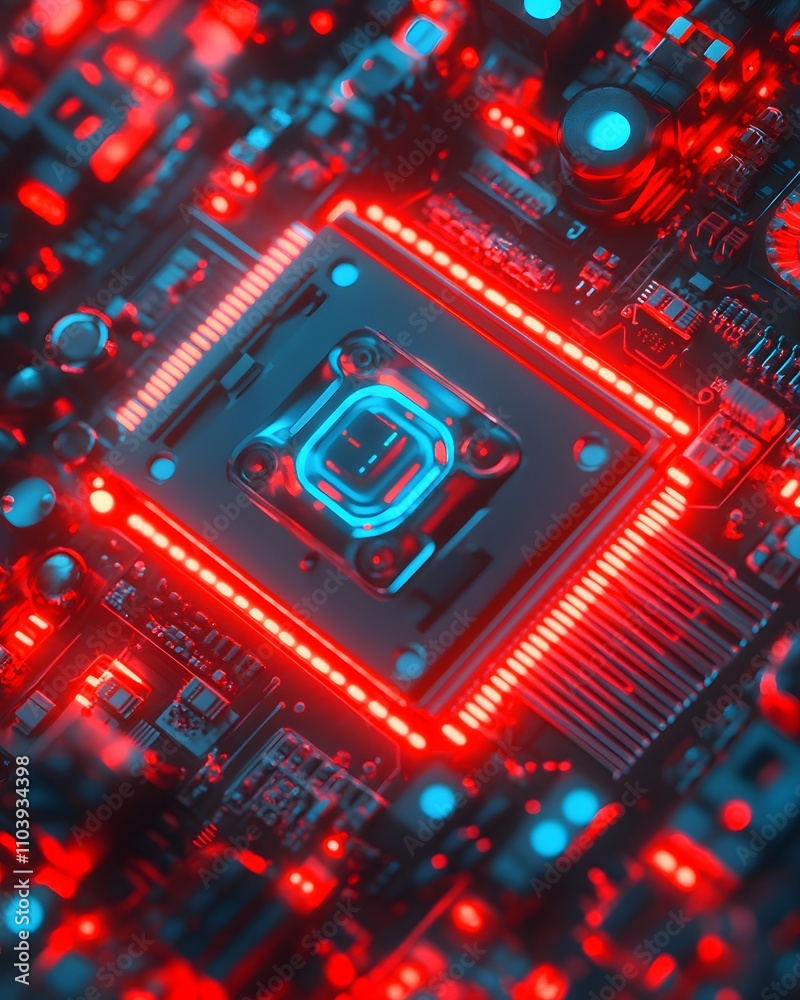Poster a close-up view of a computer motherboard with glowing components and a central processor.