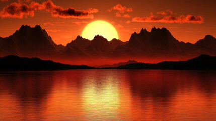 breathtaking sunset over ocean, with vibrant orange hues reflecting on water and silhouetted mountains in background, creating serene atmosphere