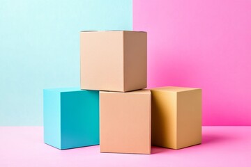 Obraz premium Colorful stacked boxes in pastel shades create a vibrant, modern aesthetic against a split pink and blue background.