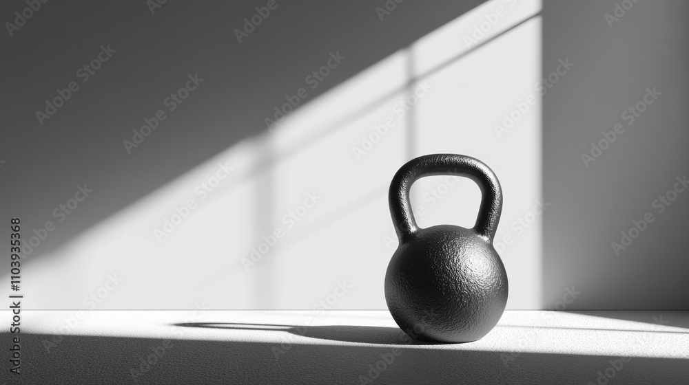 Poster black kettlebell standing on white floor in gym with sunlight casting strong shadows, creating minim
