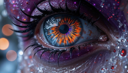 Hyper-detailed close-up purpe eye with the iris and pupil transformed into an abstract galaxy with a high-contrast purple and orange theme. 