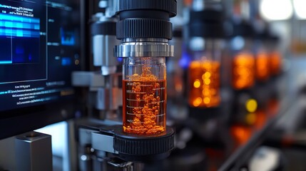 Close-up view of a gas chromatography machine showcasing liquid analysis in a laboratory setting