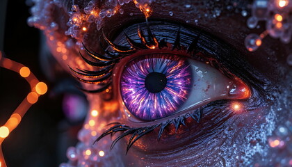 Hyper-detailed close-up purpe eye with the iris and pupil transformed into an abstract galaxy with a high-contrast purple and orange theme. 