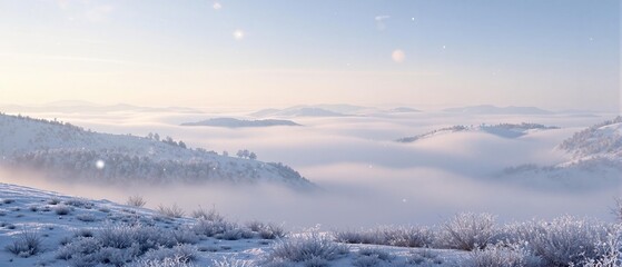 Naklejka premium A misty winter morning with a sparkling fog rolling over the frosty hills, frosty hills, misty morning, wintery atmosphere, frosty ambiance, serene surroundings