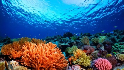 Colorful coral reef teeming with marine life beneath crystal-clear blue ocean waters, showcasing biodiversity and underwater ecosystems.