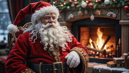Santa Claus is sitting on an armchair near the fireplace, the fireplace is decorated with Christmas tree toys