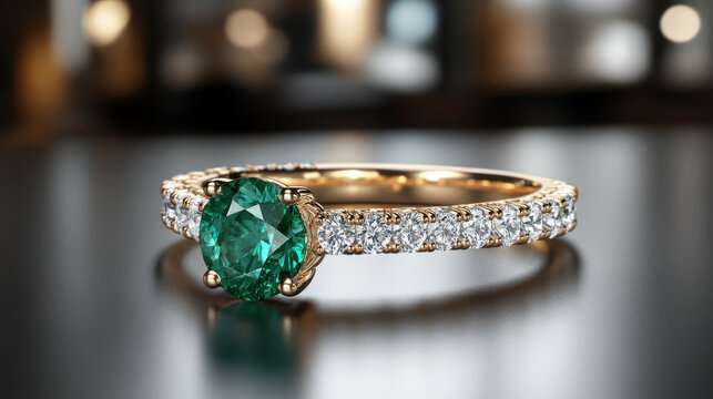 Elegant green emerald engagement ring with diamond band, showcasing luxury and beauty. Perfect for special occasions and timeless moments