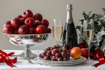 New Year's Eve dinner with champagne, fruit, silver ribbon decorations, and sparkling wine bottles on elegant table. Festive celebration in stylish interior design.