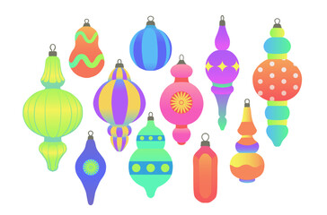 Set of colorful vintage christmas balls. Vector flat illustration of retro tree baubles on white background.