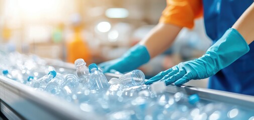 waste reduction techniques concept. A worker in protective gloves sorts plastic bottles on a conveyor belt in a recycling facility, promoting environmental sustainability and waste management.